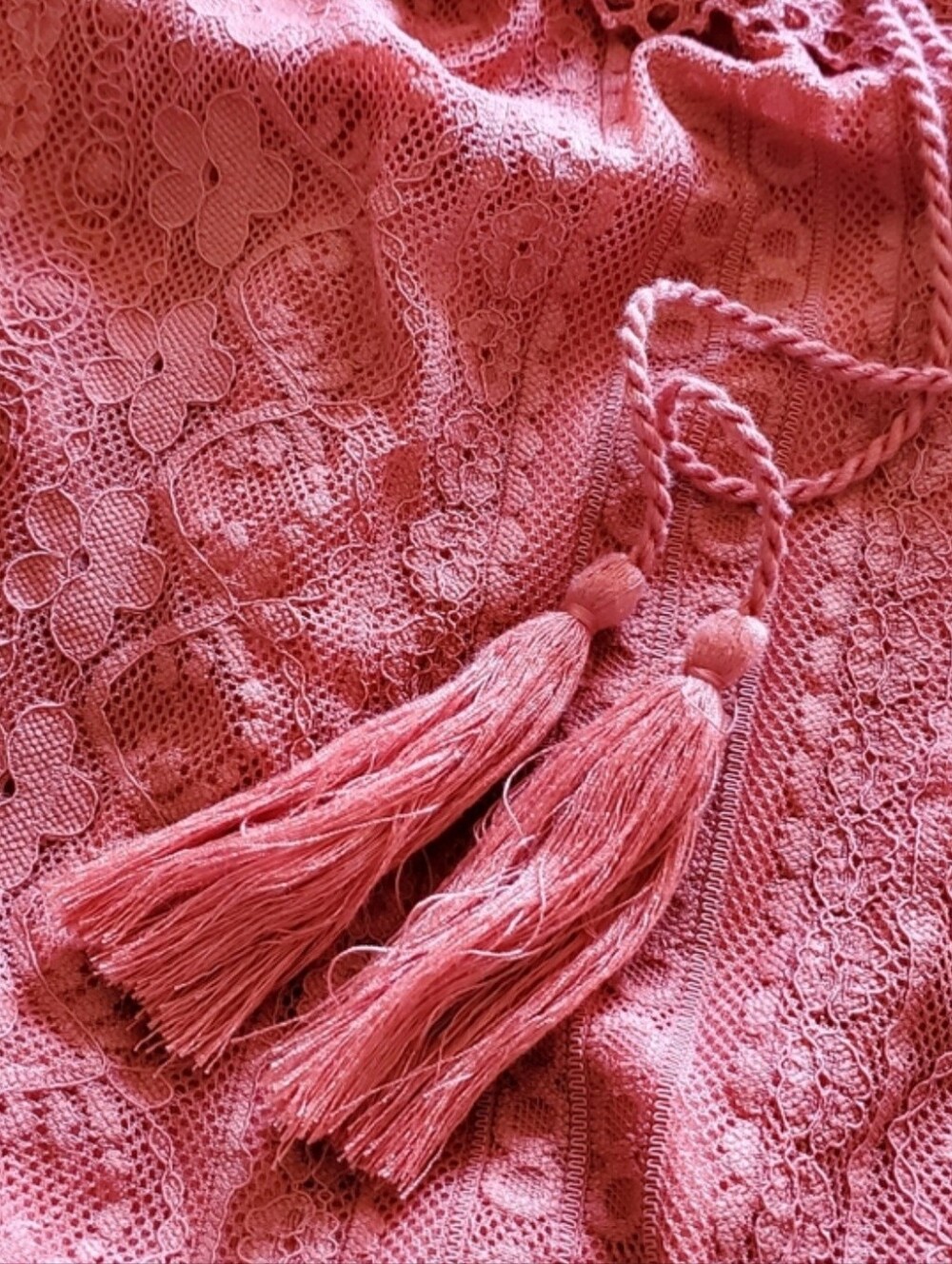 No Boundaries Boho Lace Off Shoulder Smocked Tassel Blouse Top Salmon - Picture 7 of 12